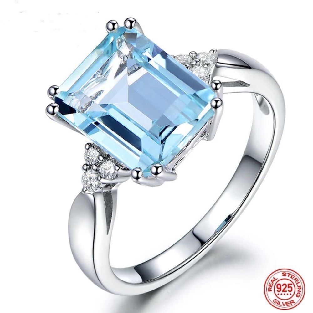 ❤️062❤️ 925 Sterling Silver Aquamarine Gemstone Diamond Ring - Picture 3 of 16